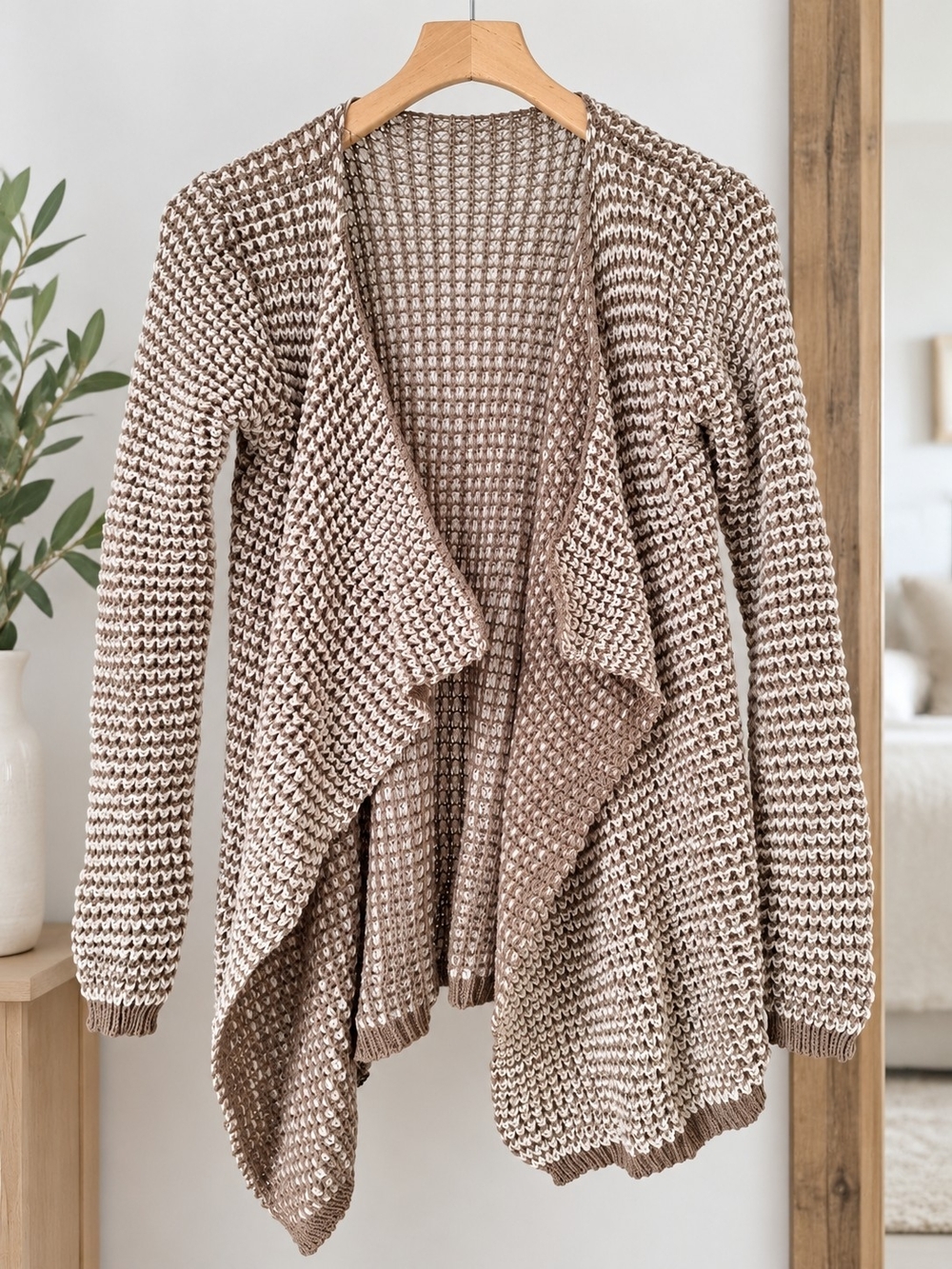 Open-Front Chunky Knit Cardigan Sweater - Taupe/Brown